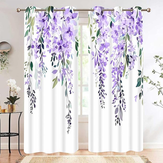 Purple Watercolor Floral Curtains, 42x72 inch, 2 Panels | Botanical Leaves Vine Flowers, Rustic Farmhouse Style, Blackout Window Treatment, For Bedroom Living Room