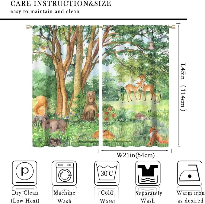 YCness Forest Animal Curtains, Watercolor Wild Animal Bear Fox Deer Kids Window Treatments for Living Room Bedroom,Green Woodland Tree Kids Drapes 2 Panel Sets,42x45 Inch