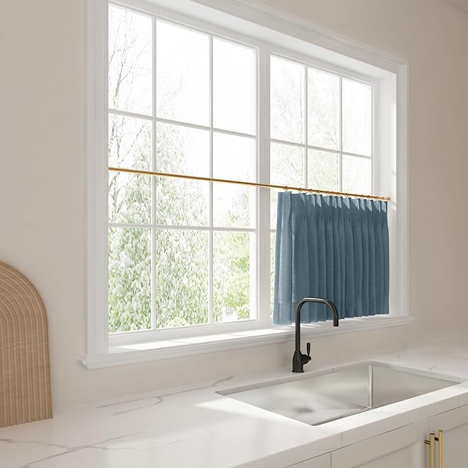 TWOPAGES 26" W x 18" L Linen Blend Cafe Curtains for Kitchen Window, Light Filtering Pinch Pleated Tier Curtains, Modern Farmhouse Half Window Curtains for Small Window, Aegean Blue, 2 Panels
