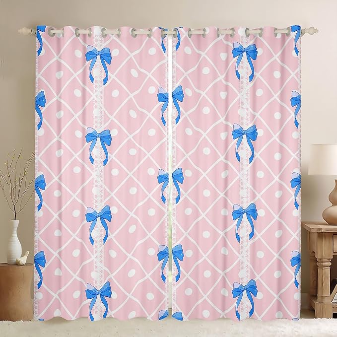 Feelyou Pink Girls Bow Curtains for Bedroom Living Room (2 Panels, 38 x 54 Inch) Cute Bowknot Darkening Dreapes Boys Teens Decor Stripes Blackout Curtains Blue Bow Window Treatments Kawaii