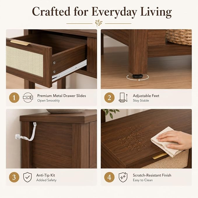 Luoxiao Console Table for Entryway with 3 Rattan Drawers Storage Open Shelf | Narrow Entry Table for Hallway, Foyer, Couch, Front Entrance, Anti-Tip, Easy to Assemble, 47 Inch, Walnut, Mid-Century Modern