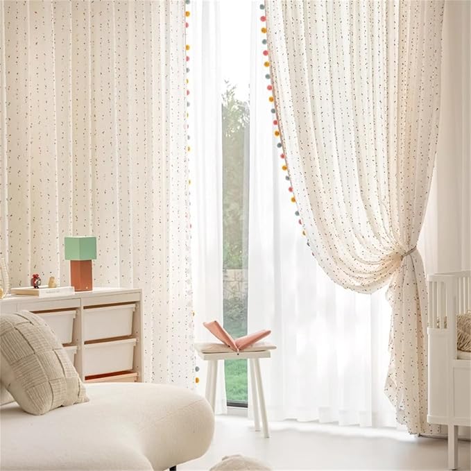 Boho Rainbow Sheer Curtain with Colorful Pom Pom Voile Drapes Faux Linen | Light Filtering Stripe Pompom Rod Pocket Window Drapes for playroom Bedroom/living room 2panels (W42 X L63 Inch-2PCS,White)