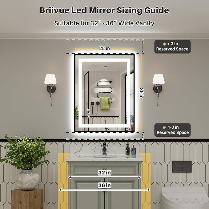 28X36 Inch LED Bathroom Mirror with Black Frame, Backlit & Front Lit, Anti-Fog Lighted Bathroom Vanity Mirror for Wall, Memory Function, Dimmable, HD Tempered Glass, Shatter-Proof