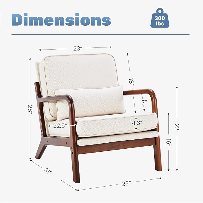 DUMOS Accent Chairs Set of 2, Mid Century Modern Chair with Lumbar Pillow and Solid Wooden Frame, Low Lounge Chair for Small Living Room, Bedroom, Reading Nook, Home Corner, Beige