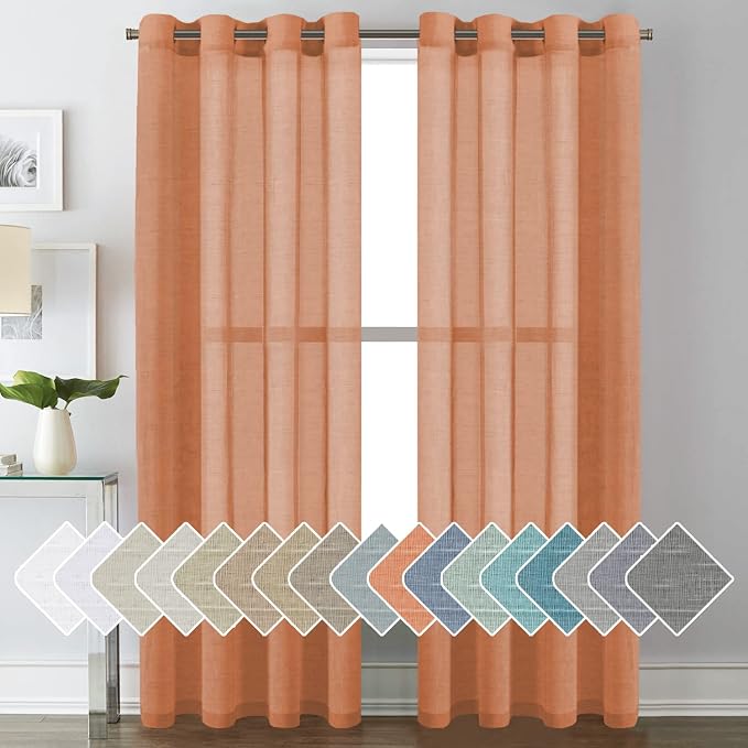 H.VERSAILTEX Linen Curtains Natural Linen Blended Curtain Panels for Living Room/Light Reducing Linen Semi Sheer Curtains 2 Panels Set Nickel Grommet Window Panels (52x84 Inch, Orange)