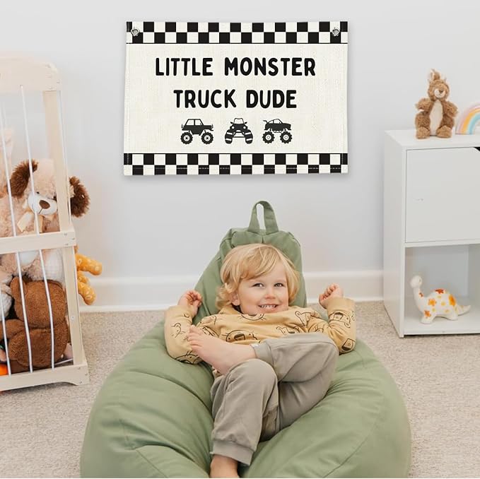RTXLEZM Little Monster Truck Dude Room Decor, Kids Room Decor | Monster Truck Car Wall Canvas Banner Hanging,Checkered for Toddler Playroom Kids Room Nursery Boys Toy Room Bedroom 20x30
