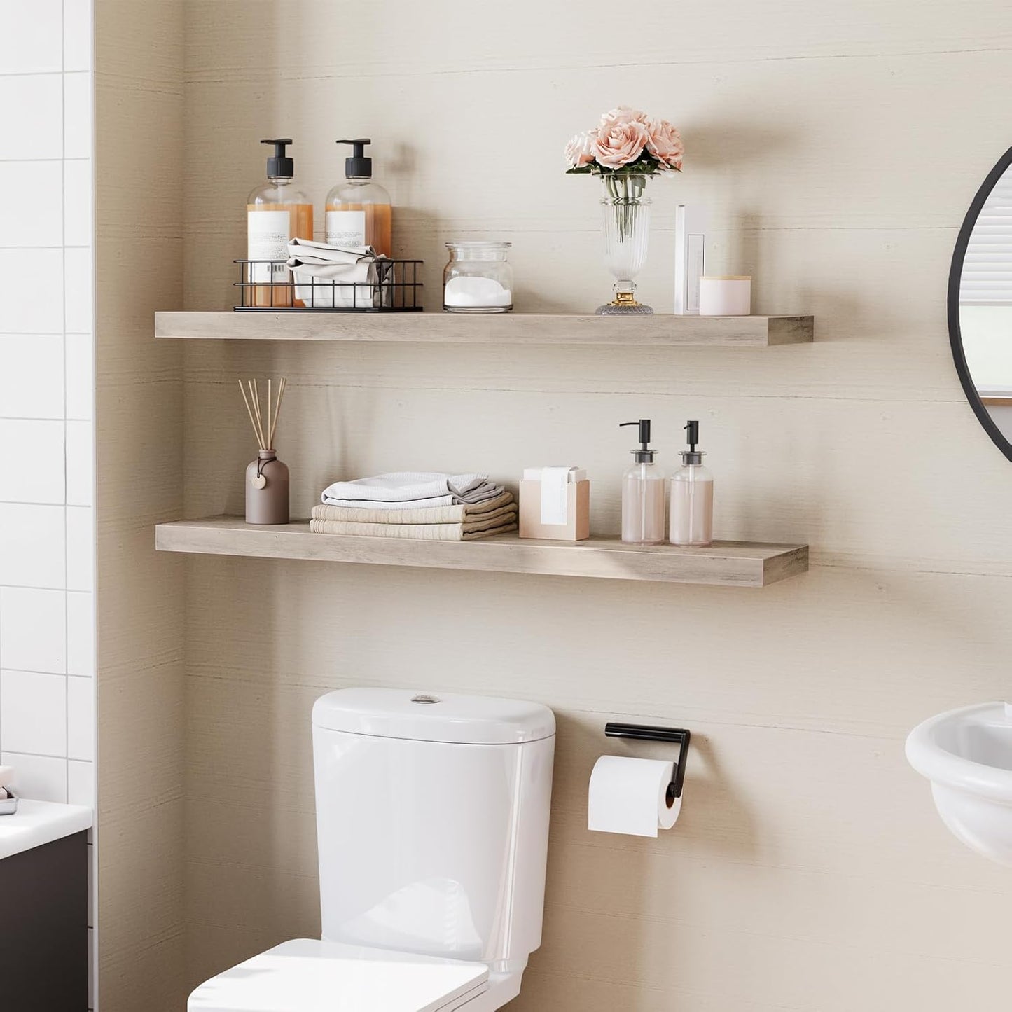 HOOBRO Floating Shelves for Wall, Wall Mounted Shelf Set of 2, 39.4" Hanging Shelf with Invisible Brackets, for Wall in Bathroom, Bedroom, Toilet, Kitchen, Livingroom, Office, Greige BG100BJP201