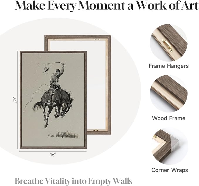 Framed Large Western Cowboy Wall Art for Living Room, 2 Piece Vintage Farmhouse Canvas Prints Paintings, Sketch Style Southwestern Country Picture Artwork for Bedroom Hallways Wall Decor, 16x24 Inch