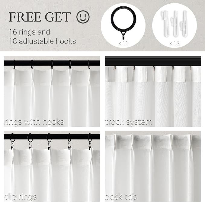 Topfinel White Pinch Pleat Linen Curtains for Bedroom 132 Inches Long 2 Panel Set,Light Filtering Semi Sheer Privacy Bright Bohemian Gothic Decor Floor Length Curtains for Living Room 132 Length
