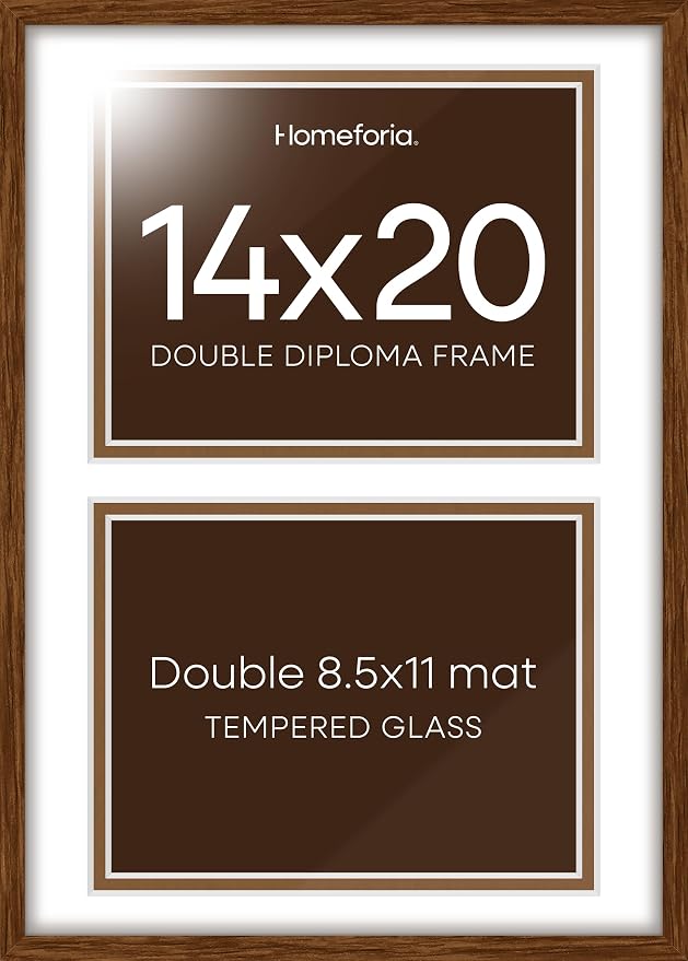 Homeforia 14x20 Double Diploma Frame Brown, High End Dark Oak 14 x 20 Wood Certificate Frames with Mat for Two 8.5x11 Diplomas, 14by20 Dual Walnut Graduation Frames, Tempered Glass, Wall Kit, Set of 3