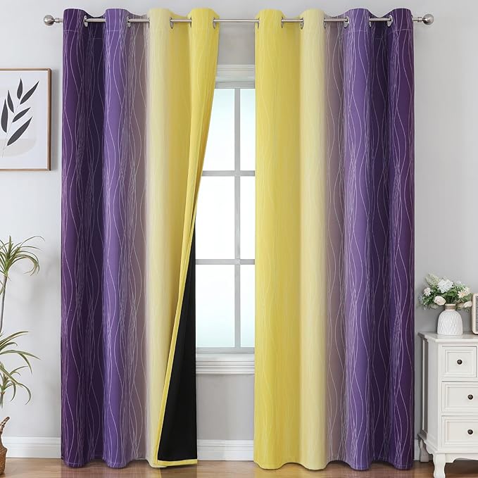 Estelar Textiler Yellow and Purple Ombre Blackout Curtains 84 Inch Length for Bedroom, Thermal Insulated Full Light Blocking Grommet Gradient Blackout Drapes for Living Room, 52Wx84L, 2 Panels