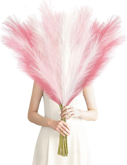 Agusbagli 8 Pcs Pink Faux Pampas Grass Decor 35“ Fluffy Tall Artificial Colored Pampas Grass Large Fake Pompous Grass Stems Blush Flower Arrangement Floor Vase Filler for Home Wedding Boho Decor