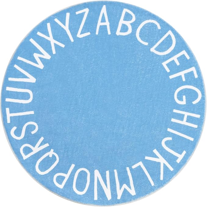 Topotdor Round ABC Area Rug,63 Inch Soft Floor Carpet,Sky Blue | Washable Alphabet Circle Rug,Non Slip Floor Mat Ideal for Bedrooms,Kids Rooms,Classrooms