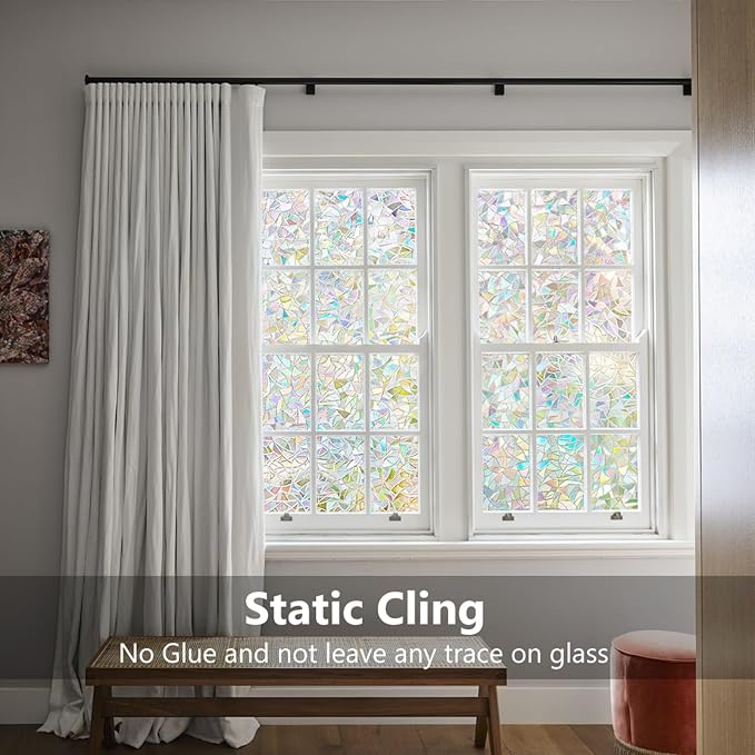 Lemon Cloud Window Privacy Film, Stained Glass Window Stickers, Decorative Rainbow Static Cling for Sun Blocking, Window Covering Prism Film, No Glue Anti-UV Tint, Half Moon Pattern, 35.4" x 78.7"