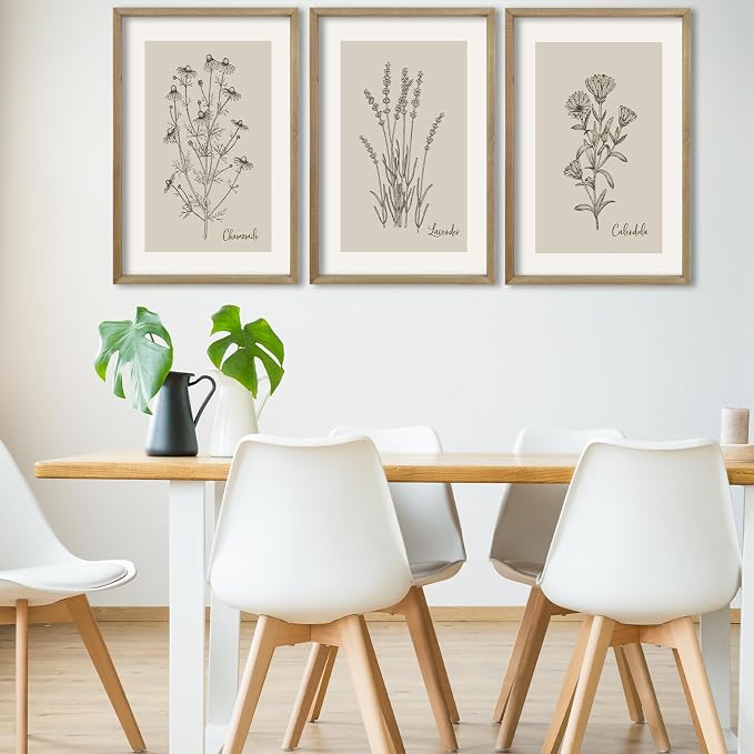 TQianJiang Vintage Botanical Wall Art 16"x11" Set Of 3 Wood Framed Wildflower Pictures Wall Decor for Bedroom Minimalist Wall Hanging (Wood)