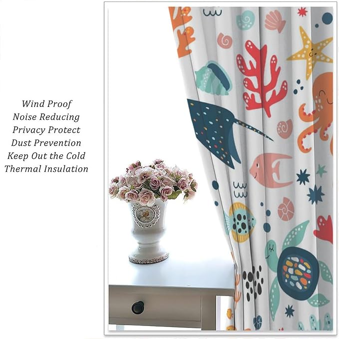 YCness Kids Cute Whale Curtains Funny Cartoon Ocean Animal Octopus Coral Art Printed Blackout Window Drapes for Boys Girls Bedroom Nursery Decor Fabric Set 2 Panel 63x72 Inch 80% Shading Rate