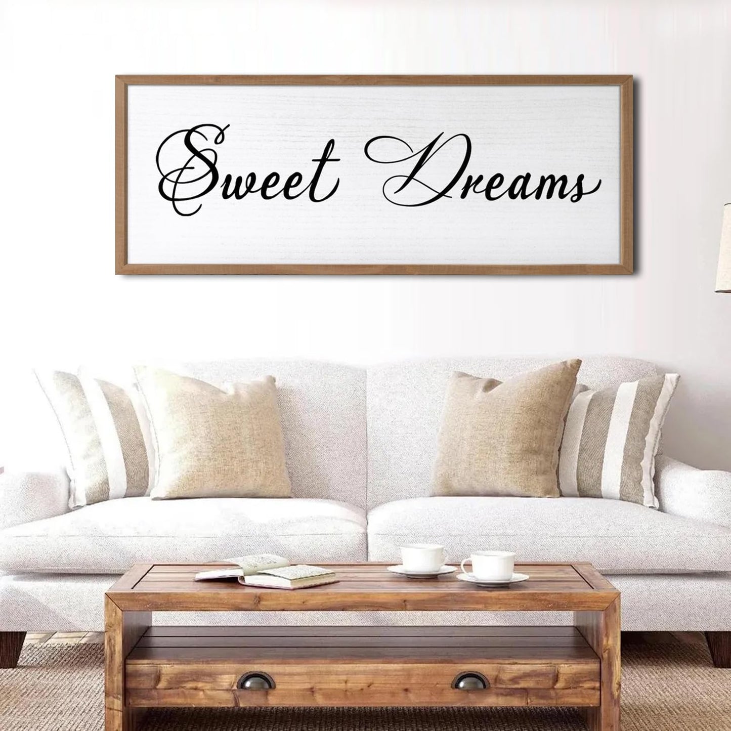 Sweet Dreams Wall Decor Above Bed 32x12 Inch Large Master Bedroom Hanging Wood Rustic Framed Farmhouse Sweet Dreams Sign Guest Room Aesthetic And Minimalist Over Bed Wall Art（Wood White）