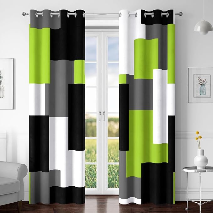 Tyrot Lime Green 100% Blackout Curtains for Bedroom 96 inch Length 2 Panels Set Light Fresh Modern Abstract Geometric Black Out Curtains Insulated Room Darkening Window Drapes for Living Room, 52Wx96L