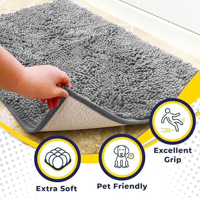 Muddy Mat® | Super Water Absorbent Door Mat Indoor, Microfiber Quick Dry Chenille Entryway Rug, Slip Resistant Front Door Mat, Indoor Mats for Entryway, Machine Washable Pet Rug, Light Grey 24" x 44"