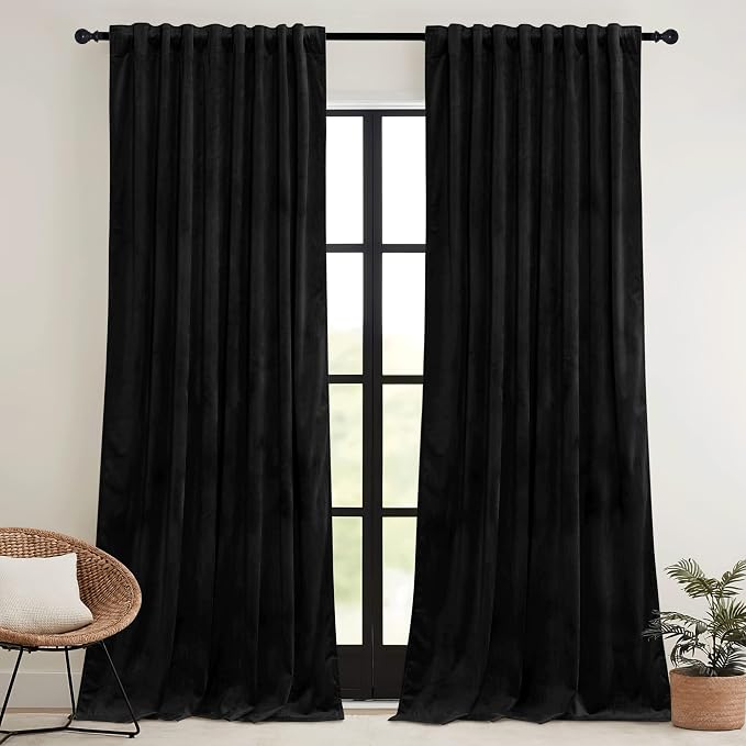 RYB HOME Black Velvet Curtains 96 inch, Blackout Window Curtains with Pleat Tape on Top for Bedroom Thermal Insulated Privacy Drapes for Nursey, W52 x L96 inch, 2 Panels
