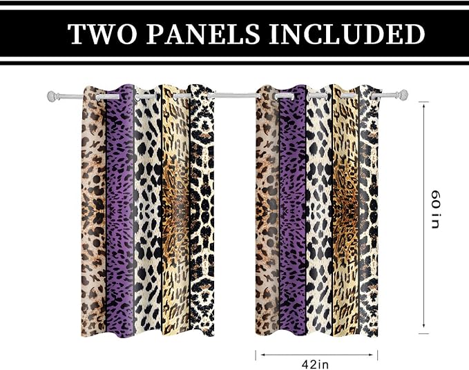 Wild Animal Print Curtain, Room Darkening Thermal Insulated Blackout Leopard Boa Window Drapes with Grommets for Living, Dining, Bedroom, Purple Leopard Print, 42"x 60", 2 Panels