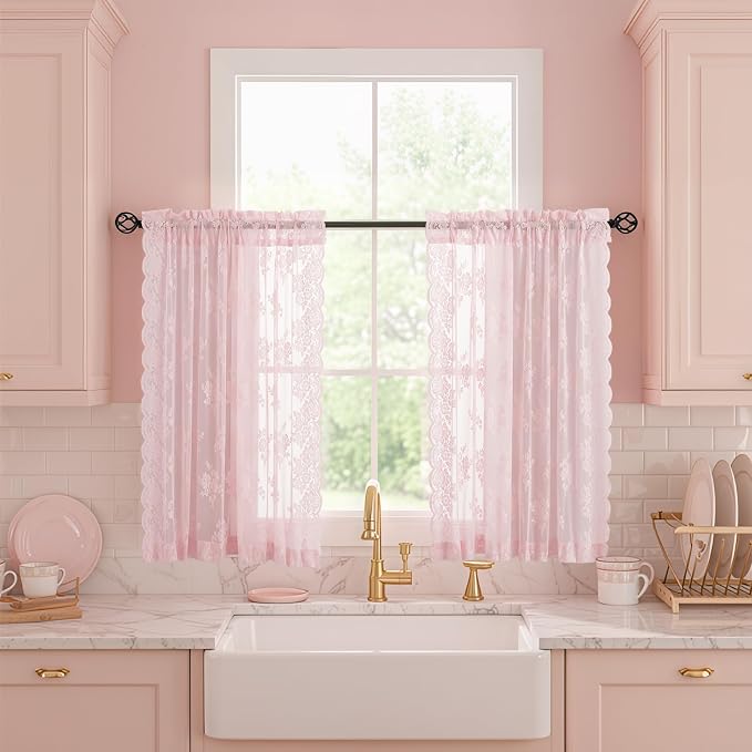 Kotile Pink Lace Curtains 45 Inch Length, 2 Panels, W42 x L45 Inch Each, Country Rustic Floral Short Sheer Lace Curtains for Small Windows, Rod Pocket Privacy Light Filtering Vintage Cafe Curtain