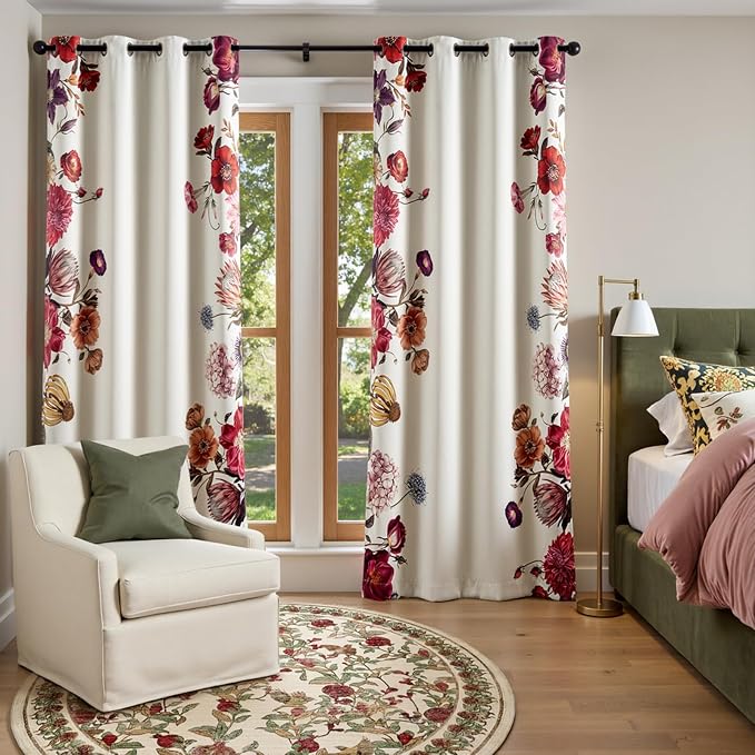jinchan Vintage Floral Print Blackout Curtains Light Filtering Drapes with Vibrant Retro Flower Print Fall Decor Winter for Bedroom Living Room 84 Inches Length 2 Panels Set with Grommet Beige