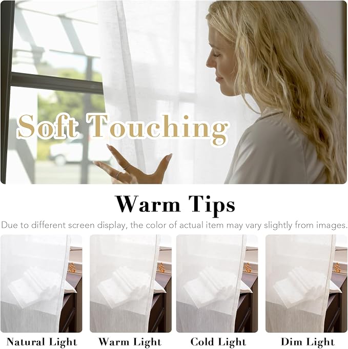 H.VERSAILTEX Linen Curtains Nickel Grommet Natural Linen Semi-Sheer Curtains 2 Panels Privacy Added Premium Soft Rich Material Drapes for Bedroom/Living Room - 37x84 Inch- Pure White