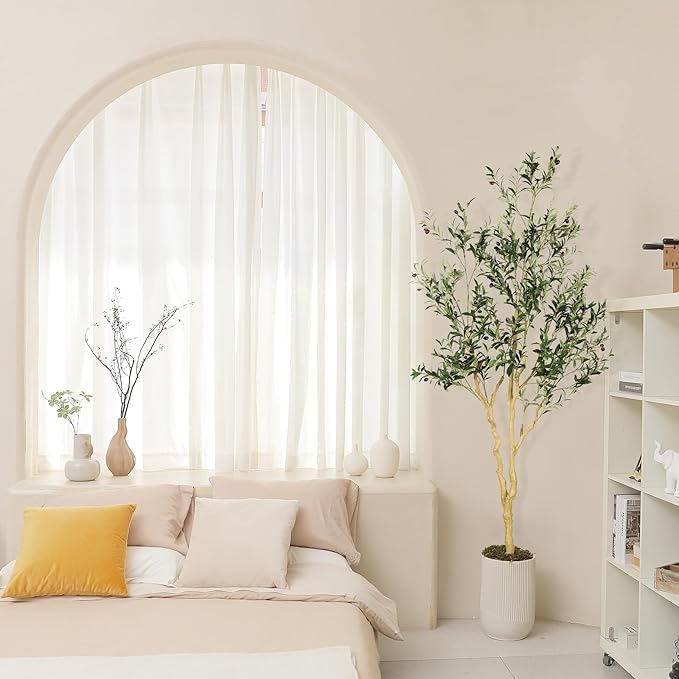 Realead Faux Olive Tree 7ft - Realistic Tall Olive Trees Artificial Indoor - Large Fake Olive Tree with Natural Wood Trunk and Lifelike Leaves - Artificial Olive Tree for Home Office Decor