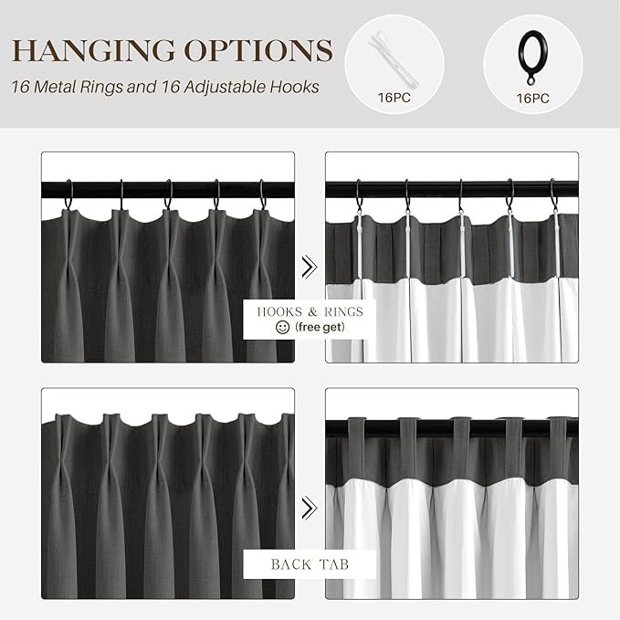 IVAPUPU Linen Pinch Pleated 100% Blackout Curtains for Bedroom - 2 Pages Black Out Grey Curtains 95 Inch Long 2 Panel for Living Room Darkening Thermal Window Curtain Drapes with 16pc Hooks