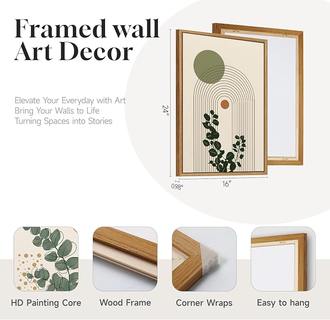 3 Piece Framed Abstract Boho Wall Art for Living Room, Large Sage Green Botanical Plant Canvas Artwork for Walls, Minimalist Geometric Prints Paintings for Bedroom Dining Room Hallway 16x24 Inch
