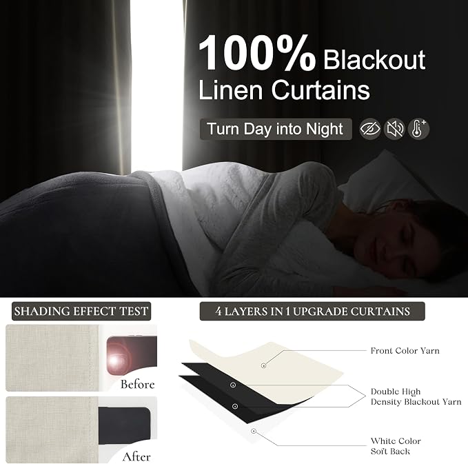 Cute Blackout Curtains 60 Inches Extra Wide Linen 102 Inch Length for Living Room/Sliding Glass Door,Pleated Heavy Duty Thermal Drapes for Winter Thick Large Window(60"Wx102"L 2 Panels Warm Cream)