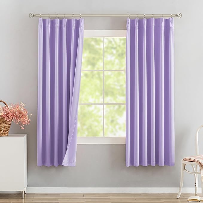 DONREN Lavender Purple Pinch Pleated Blackout Curtains with Hooks - 63 inch Length Room Darkening Thermal Insulated Short Window Curtain Panels for Bathroom Girls Room 2 Panel 40" Wx63 L