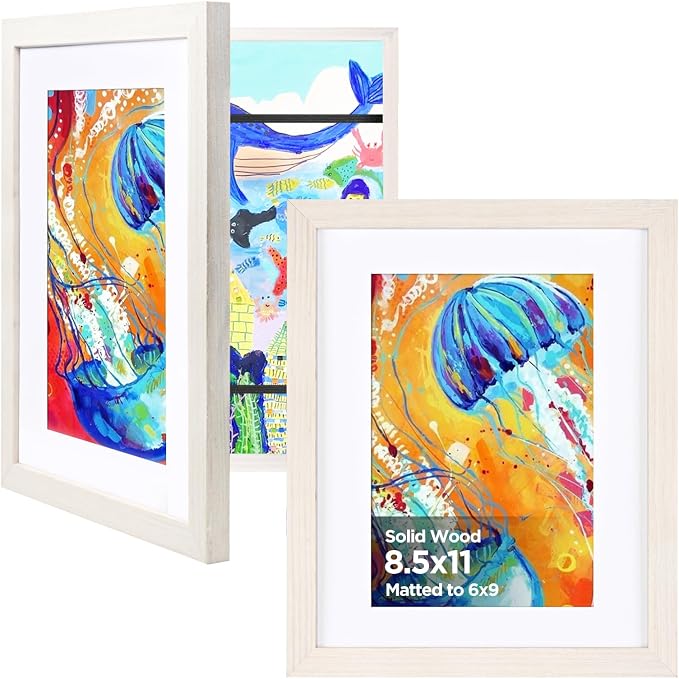KINLINK 8.5x11 Kids Art Frame 2 Pack, Solid Wood Artwork Frames Changeable, Front Opening Hold 150 Pictures, Art Frames for Kids Artwork, 6x9 with Mat 8.5x11 without Mat, Picture Frames White Wood