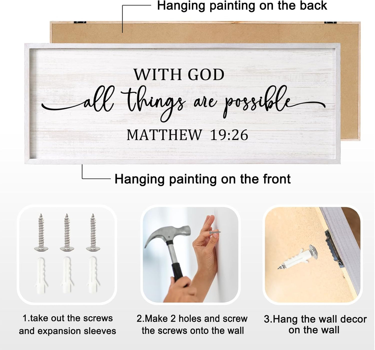 With God All Things are Possible Framed Wall Art, 40''×15'' Vintage Holy Religious Rustic Bible Verse for Christian God Jesus Christ Prayer, Positive Horizontal Inspirational Catholic Scripture Decor