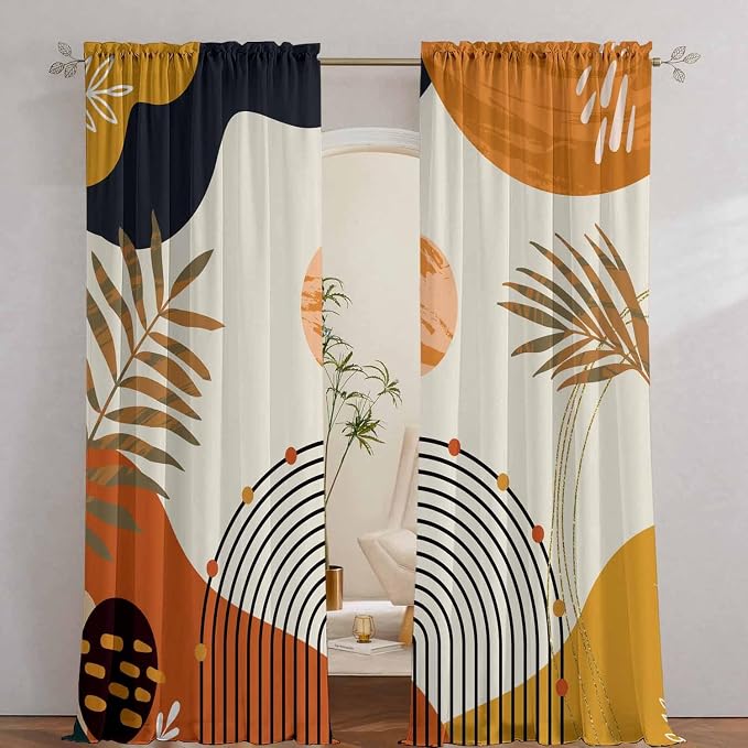 Colorful Boho Curtains Mid Century Modern Light Filtering Curtains 52X72Inch Abstract Leaves Retro Rainbow Living Room Curtain 2Pc Fun Geometric Drapes Yellow Plant Window Curtain for Bedroom