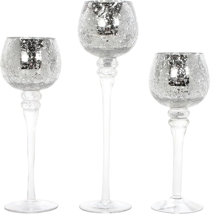 Hosley 3 Sets Crackle Metallic Glass Tealight Holders Set /3-12 Inch, 10 Inch, 9 Inch Ideal for Weddings Special Events Parties Also Makes a Great Gift
