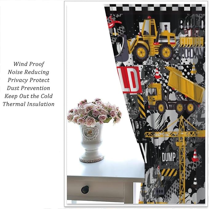 Cartoon Car Blackout Curtain,Boys Kids Construction Vehicles Truck Black White Checkered Window Curtains Kitchen Bedroom Cafe Dining Room Office Living Room Drapes, 63x63 in