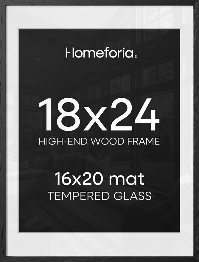 Homeforia Black Wooden Frame 18x24, High End Oak 18x24 Wood Picture Frames with Mat 16x20 Photo, 18 x 24 Poster Frame Matted to 16 by 20 Print, 24x18 Hanging Frames, Tempered Glass, Wall Kit, Set of 1