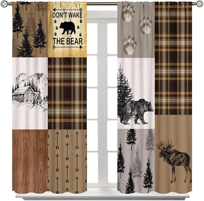 Vintage Animal Blackout Curtains for Kitchen Country Farmhouse Brown Patchwork Plaid Forest Cabin Hunting Deer Bear Animals Windows Treatments for Bedroom Living Room 63x72in