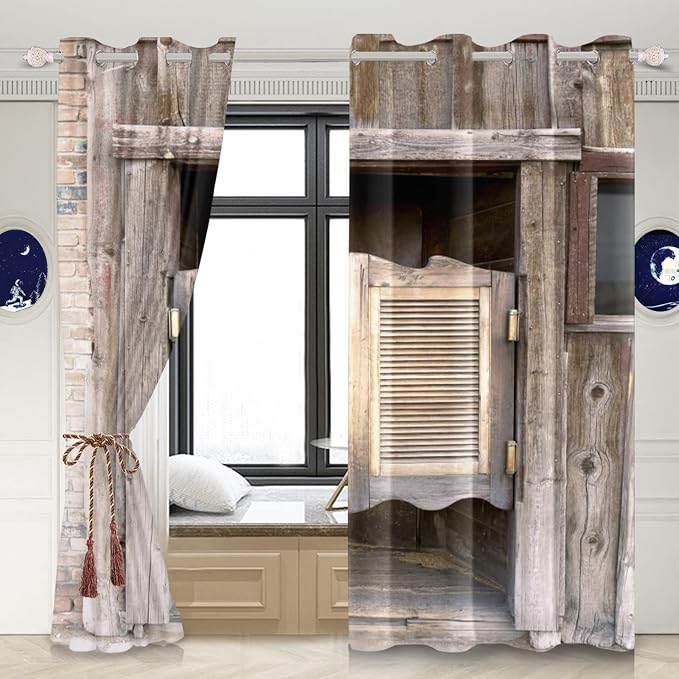 Rustic Curtains Antique Old Wooden Barn Door Window Curtains Vintage Wood Plank Aged Door Garage Door Abandoned Farmhouse Rural Farm Living Room Bedroom Window Drapes,53x72 inch,2 Panels