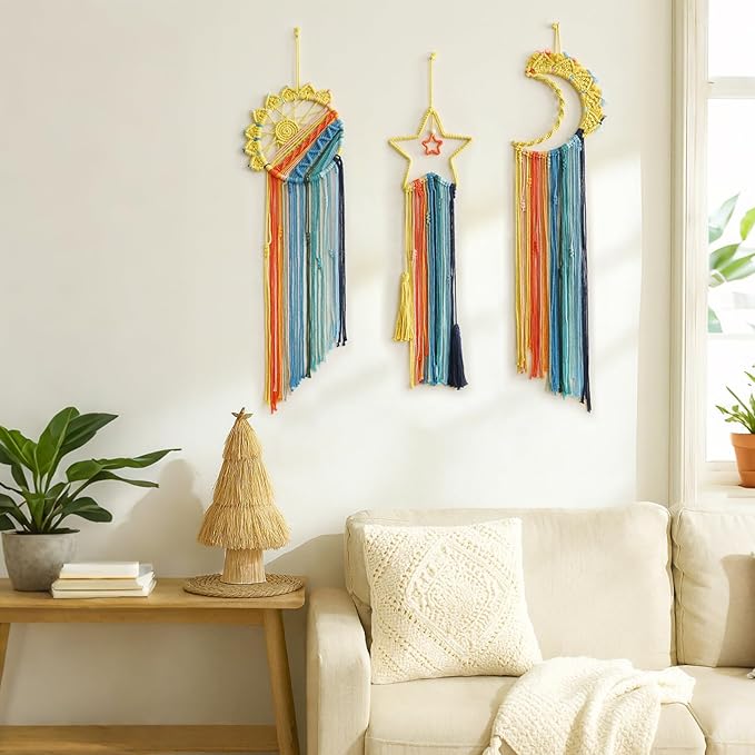 3 Pack Macrame Hanging Tapestry Wall Art Set Boho Woven Tapestries Sun Moon Star Large Dream Catcher Coloful Wall Decor Bedroom Aesthetic Living Room Decor (Orange Blue Mix)