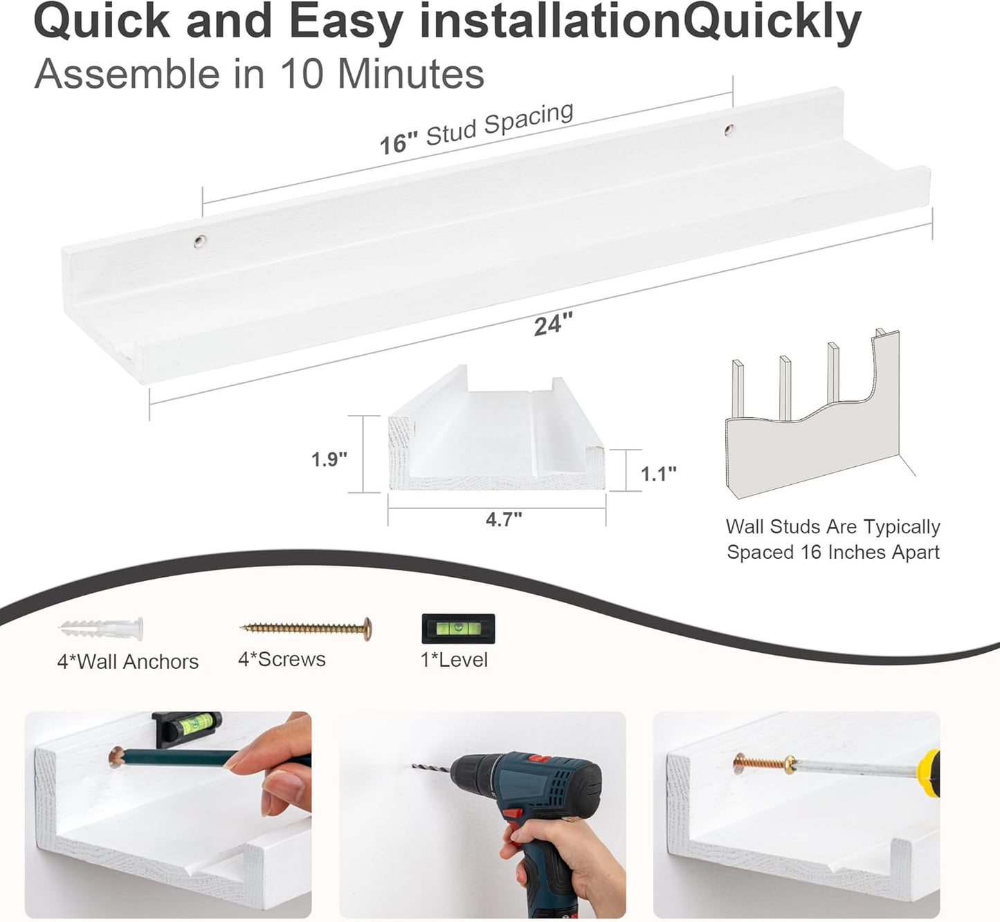 Floating Picture Ledge Shelves 24 Inch Solid Oak Wood Set of 2, Rustic Wall Storage Shelves with Lip, Kids Bookshelf, Photo & Picture Ledge Shelves for Bedroom, Living Room, Kitchen