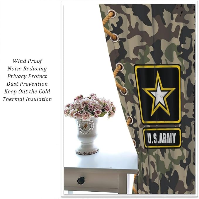 American Flag Curtains,Retro Green Camouflage Military Stars for Kids Boys Girls Bedroom Living Room Decor Window Treatment 2 Panels Set Total Size 42" W X 63" L Inch