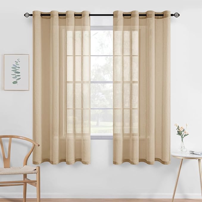 MIULEE 2 Panels Beige Khaki Sheer Window Curtains Elegant Grommet Top Window Voile Drapes/Treatment Linen Textured Panels for Bedroom Living Room (54X63 Inches)