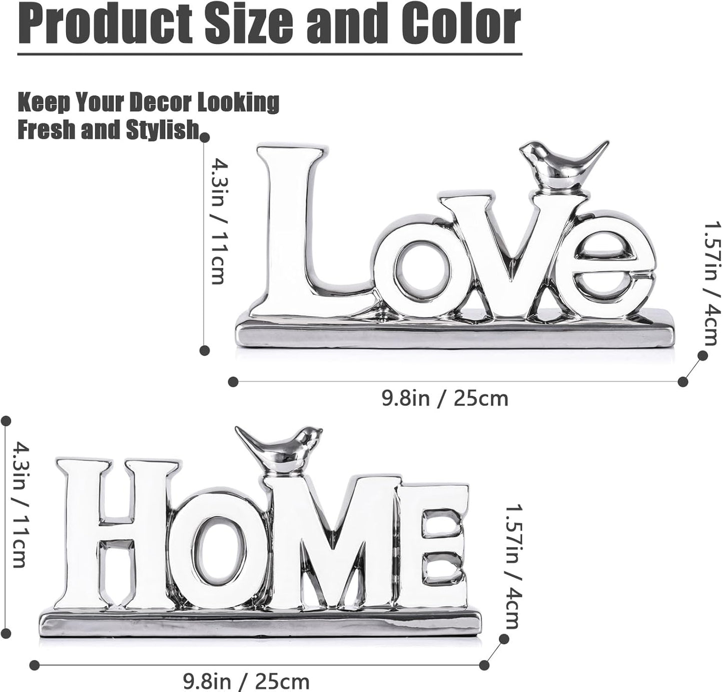 Love Sign Decoration,White and Silver Love Signs for Home Decor Statue,Bird Sculpture Personalized Love Decor,Chrome Style Figurine Decorative Ornaments for Living Room,Bedroom (2 Pcs, White+Silver)