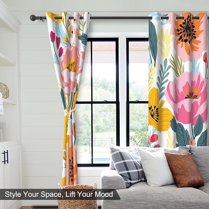 Boho Patterned Blackout Curtains for Bedroom, Bohemian Floral Living Room Darkening Curtains 84 Inch Length 2 Panels Set, Grommet Thermal Insulated Soundproof Window Drapes with Curtain Tiebacks