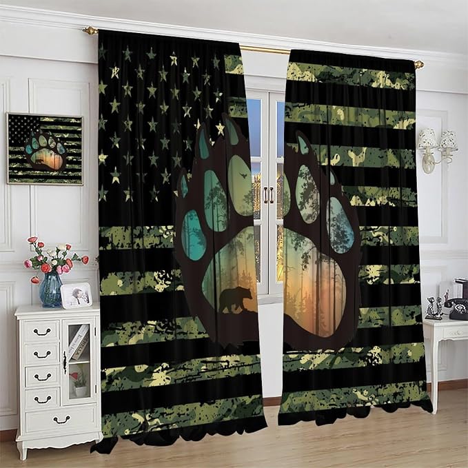 Rustic Bear Blackout Curtains,Vintage Cabin American Flag Independence Day Drapes for Bedroom Living Room Kitchen Window Treatment 2 Panels Set Total Size 63" W X 72" L Inch