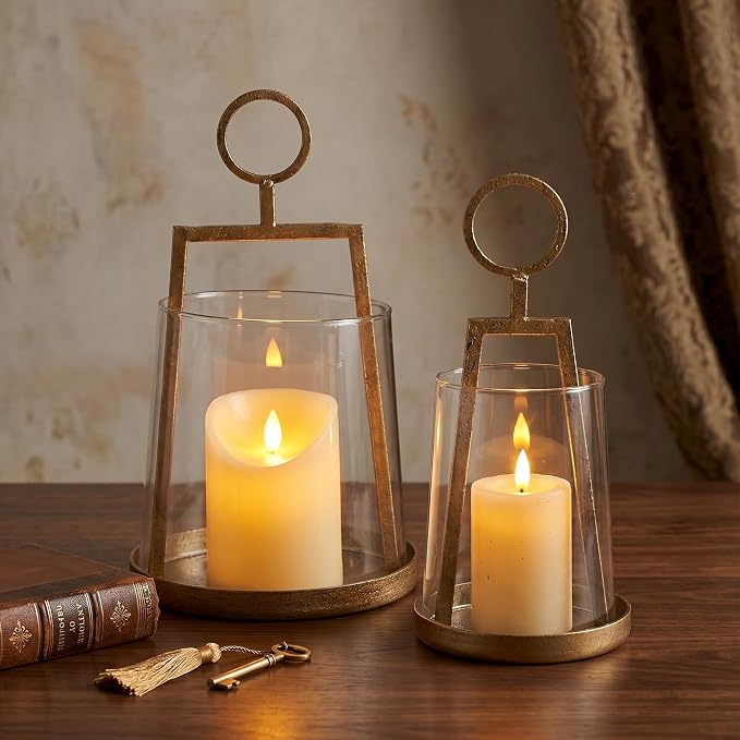 Modern Farmhouse Hurricane Candle Holder, Antique Brass Metal Centerpiece with Sturdy Glass Sleeve, Tabletop Geometric Lantern for Pillar Candles, Plants & Home Decor (6" x 10")