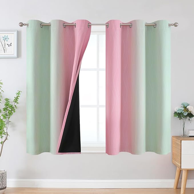 Estelar Textiler Pink and Sage Green Ombre Blackout Curtains 45 Inch Length 2 Panels, Full Room Darkening Gradient Drapes for Bedroom, Thermal Insulated Grommet Short Curtains for Bathroom, 42Wx45L
